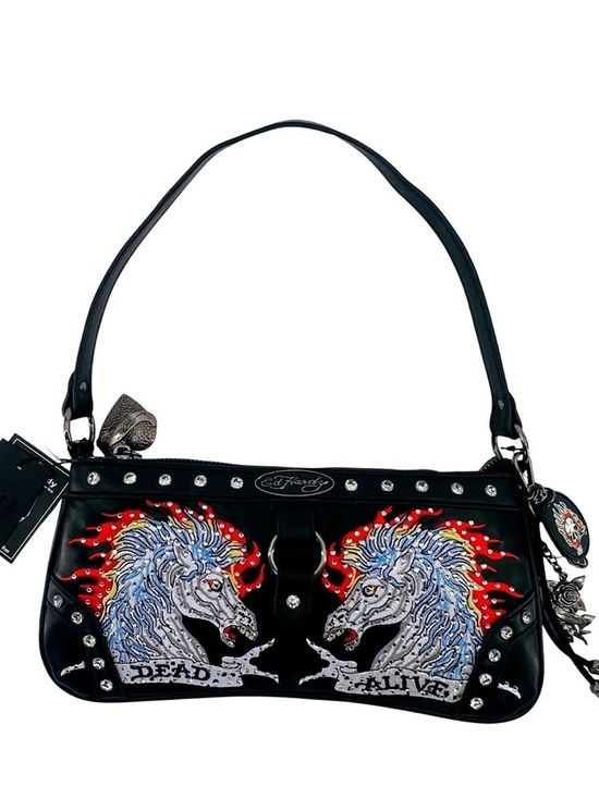 •Dead Alive• Ed Hardy Black Black Y2K Shoulder Bag Studded Horses Baguette Purse - Picture 2 of 4
